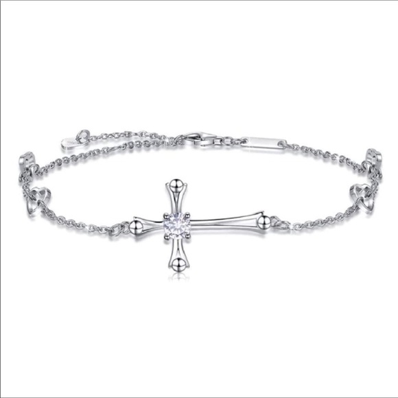 Sterling Silver CZ Cross Charm Anklet - Picture 1 of 5